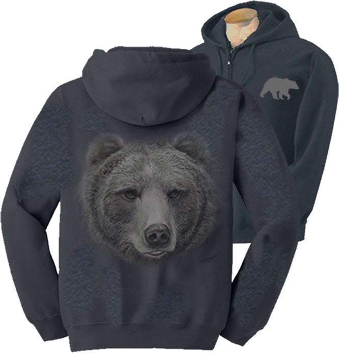 Adult Big Head Grizzly Profile With Paw Full Zip Hooded Sweatshirt