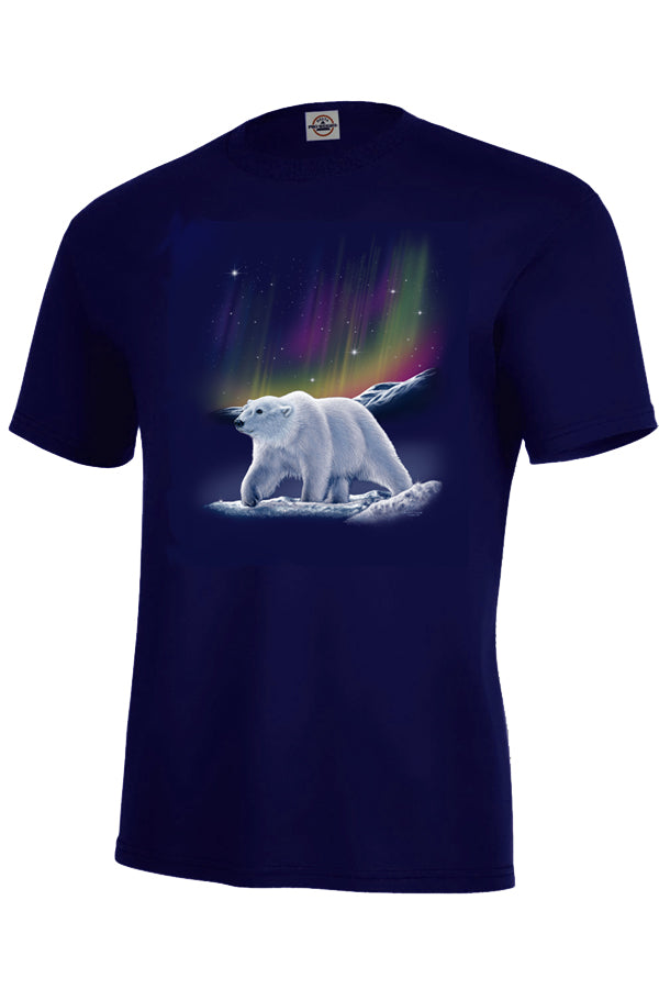 Aurora Polar Bear T-shirt - Navy T-shirt with polar bear and Northern Lights art by Canadian artist Eric Blais