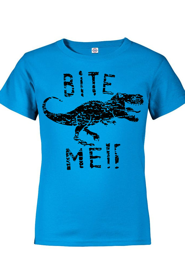 Bite Me! T-Shirt - sappire t-shirt with T-Rex dinosaur art