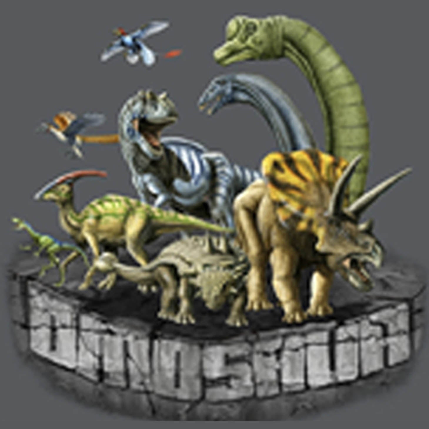 Dinosaur Rumble - painting of an assortment of dinosaurs standing together.