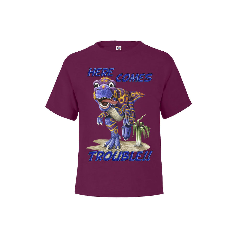 Children's Here Comes Trouble T-Shirt (children's dinosaur t-shirt)