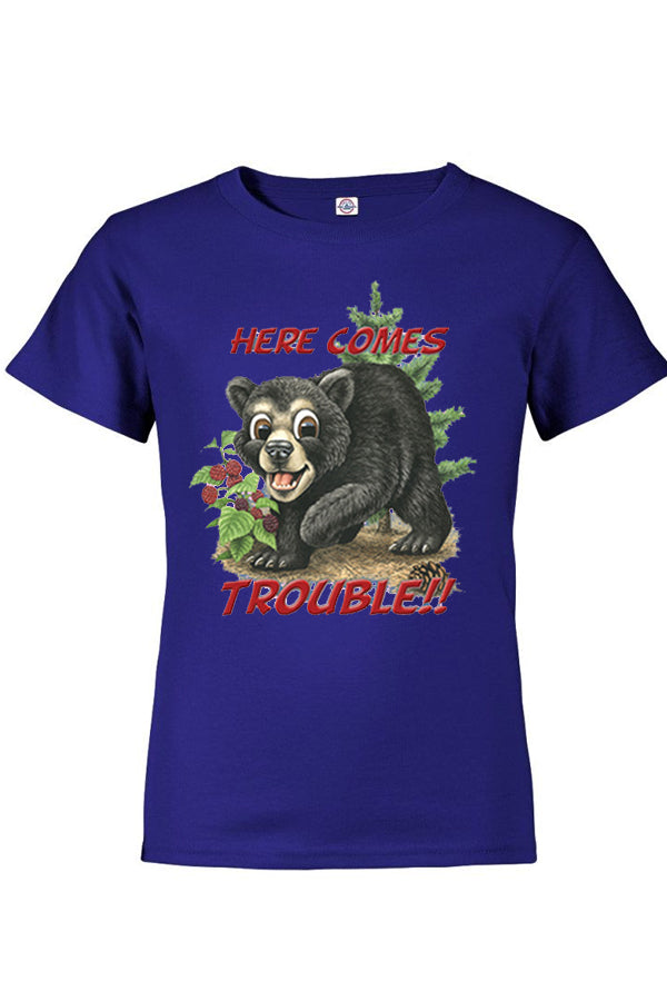 Bear Trouble T-Shirt - royal or purple t-shirt with bear cub art