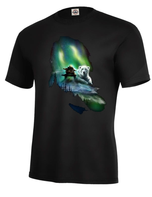 Polar Lights T-shirt - black t-shirt with polar bear and Inukshuk art by Tami Alba