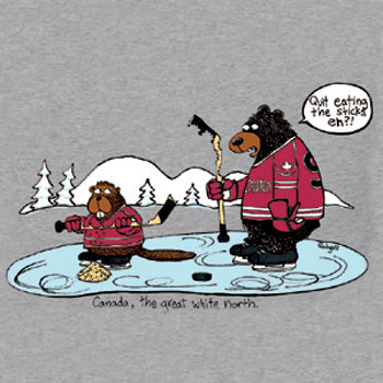 Sticks - painting of bear and beaver playing hockey