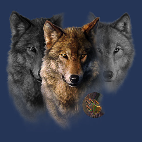 Wolf Trilogy by Robert Campbell -  Painting of three wolf heads with paw imprint 